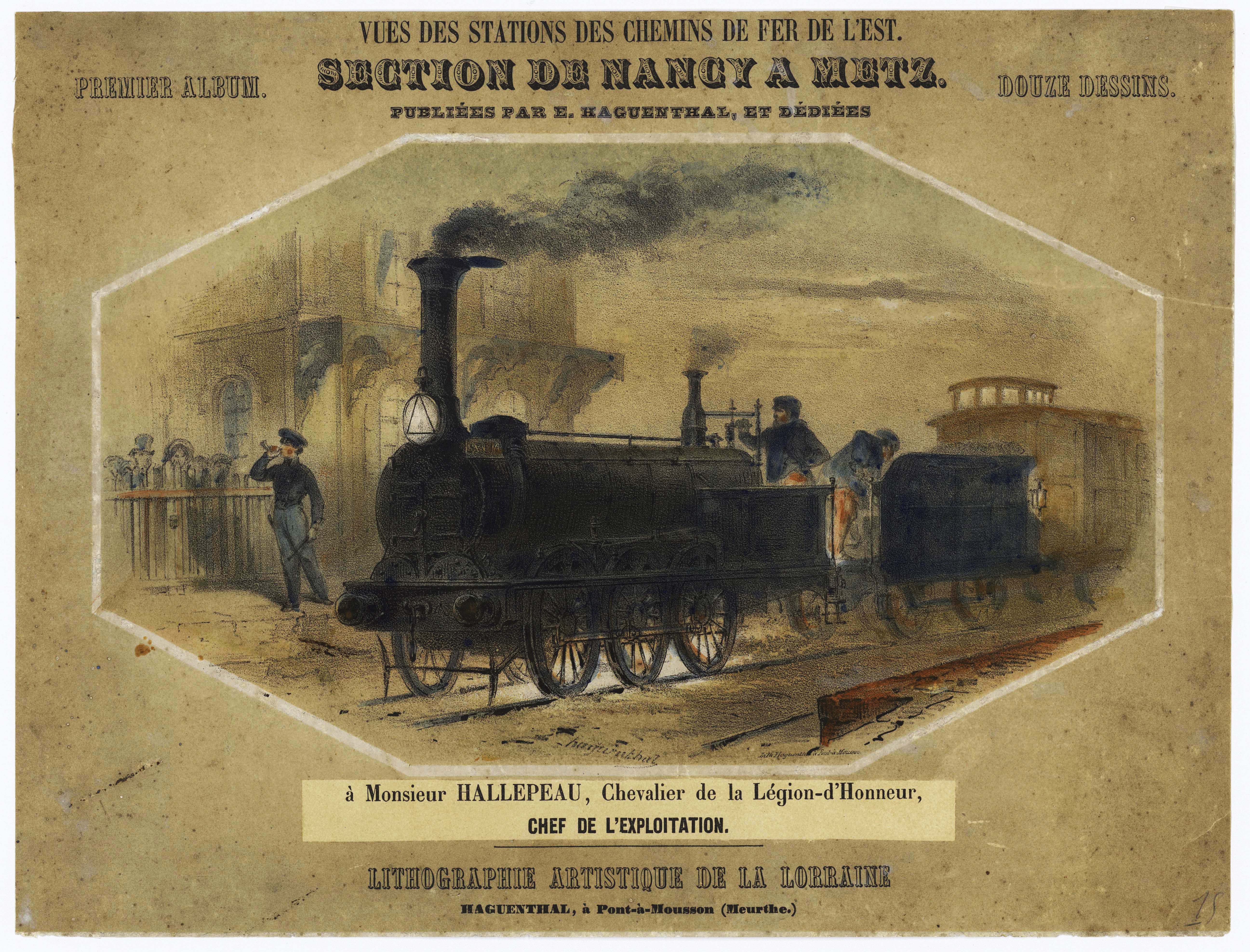 Ouverture de la section de Nancy à Metz. Elie Haguenthal (1822- 1881). Lithographie en couleur [1850]. Pont-à-Mousson. © CCGPF Fonds cheminot